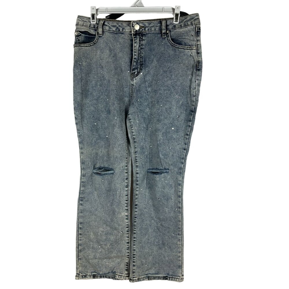 Blue b. Collection Womens Distressed Denim Jeans With Rhinestones Size L